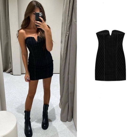 ZARA SHORT PINSTRIPE DRESS BLACK SIZE XL - Picture 3 of 6